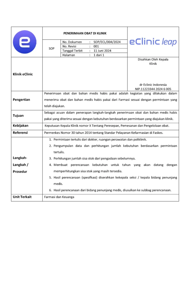 Contoh SOP Penerimaan Obat di Klnik